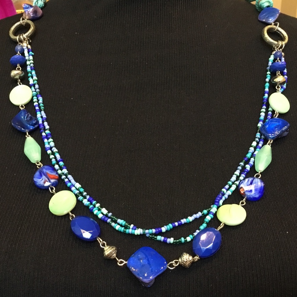 Multi-Strand Teals Blues Bead and Glass Crystal Statement Necklace